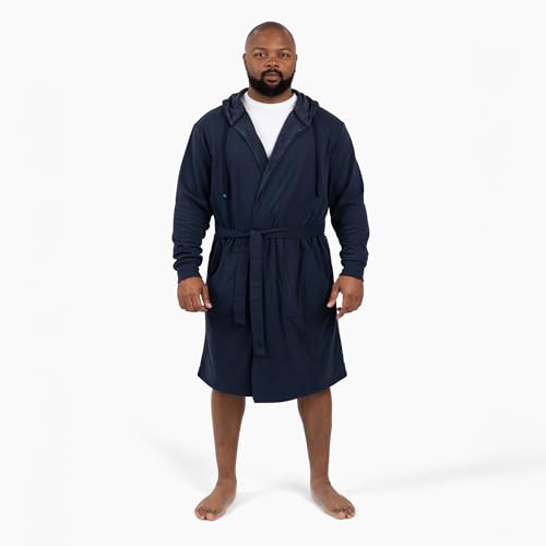 DudeRobe Men’s Navy S/M Hooded Robe & S/M Casual SweatShorts with Drawstring from Shark Tank! Comfy & Absorbent Cotton Robe for After Shower, Perfect Father's Day Gift3
