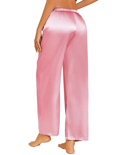 Image of Ekouaer Womens Silk Satin Pajama Lounge Pants Sleep Pj Bottoms with Pockets | Silky,Loose Wide Leg,Drawstring Elastic Waist,Casual,Loose,Elegant