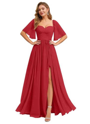Image of IIF Women's Chiffon Bridesmaid Dresses for Wedding Flutter Sleeves Ruched A Line Long Formal Dress with Slit IIF149