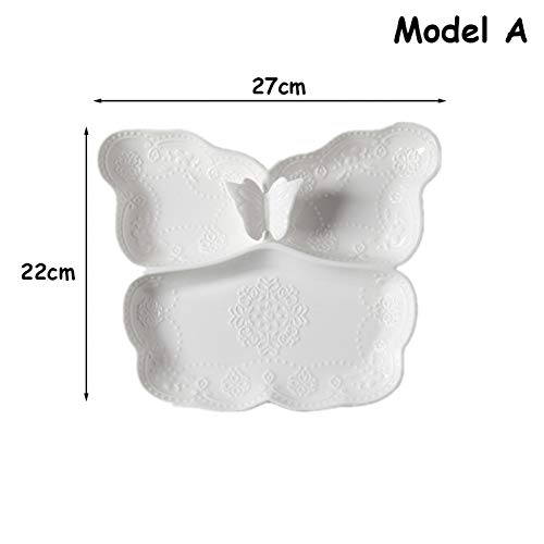 AAJKA Plate Embossed Plate Relief Butterfly Dessert Plate Anaglyph Afternoon Tea Tray Five-Panel Ceramic Fruit Tray Snack Container,Model A