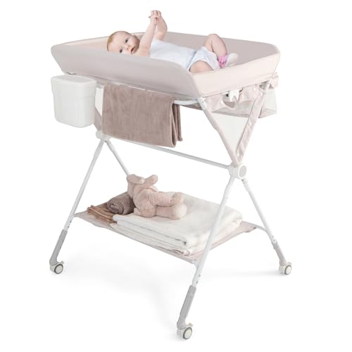 DREAMADE Wickeltisch Klappbar, Tragbare Wickelstation Baby mit kleinem Waschbecken, Aufbewahrungskorb, Sicherheitsgurt und Räder, Wickelkommode Höhenverstellbar (Beige)