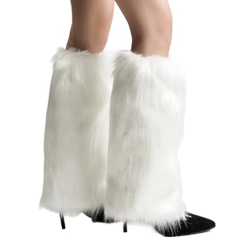 Image of Abien Fluffy Leg Warmers White Fuzzy Fur Leg Warmers Fluffy Long Boot Covers Rave Christmas Party Costumes for Women