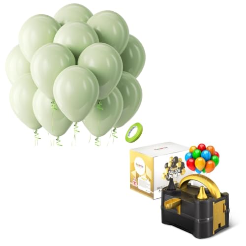 Image of Bezente Sage Green Balloons Latex Party Balloons - 100 Pack 12 inch Round Helium Dusty Boho Green Balloons and Electric Balloon Pump