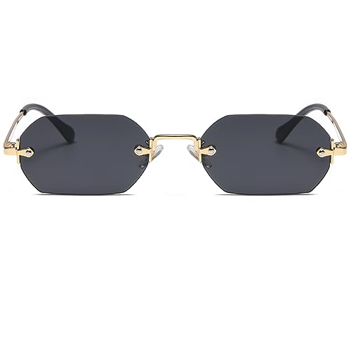 Image of Ggpyyon Retro Rimless Sunglasses Rectangle Frameless Women Men Vintage 90s Small Glasses Polygon Sun Glasses(Gold/Grey)