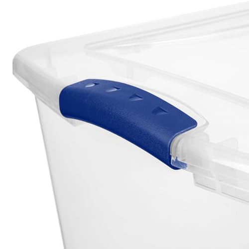 Image of Storage Bins 66 Qt Clear Latching Lid Stackable 6 Pack for Closet. | Clear Construction with Color Latches - Easy to see contents without opening. Color latches keep lids securely attached.