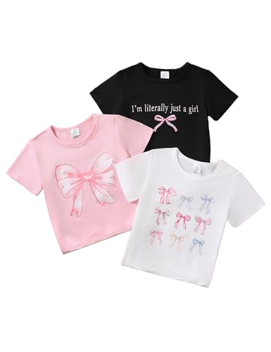 Girls' T Shirts 3-Pack Summer Short Sleeve,Toddler T Girl Shirts Graphic Shirts for Girls 4-8 Years