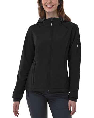 Outdoor Ventures Damen Softshelljacke Wasserdichte Fleece Gefütterte Winterjacke Atmungsaktive Übergangsjacke Winddichte Funktionsjacke mit Kapuze Schwarz 3XL