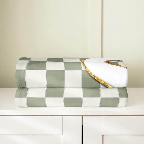 Image of Erosebridal Sage Green Checkered Fleece Blanket Throw 50 inchx60 inch Plaid Initial S Flannel Blanket Personalized Monogram Fuzzy Plush Throw for Kids Boys Girls,Fashion Grids Gingham Decor for Bed Couch