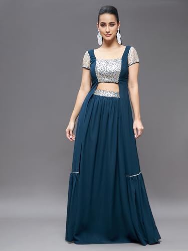 Image of Miss Chase Women's Embellished Square Neck Short Sleeves Waist Band Pocketed Tiered Maxi Co-Ord Set with Pocket