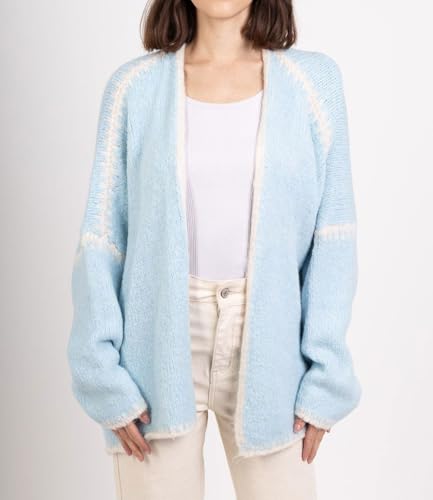 Image of chouyatou Women Fall Open Front Color Block Cardigan Sweater Casual Striped Chunky Knit Oversized Cardigan