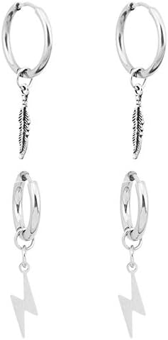 Lightning Feather Hoop Earrings For Men Women Silver Small Hoop Dangle Tassel Huggie Hypoallergenic Titanium Steel Anime Fun Men's Goth Cool Trendy Bts Dangly Kpop Earrings For Egirls Eboys (Silver)