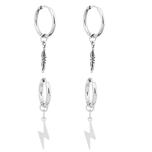 Lightning Feather Hoop Earrings For Men Women Silver Small Hoop Dangle Tassel Huggie Hypoallergenic Titanium Steel Anime Fun Men's Goth Cool Trendy Bts Dangly Kpop Earrings For Egirls Eboys (Silver) #TOP15