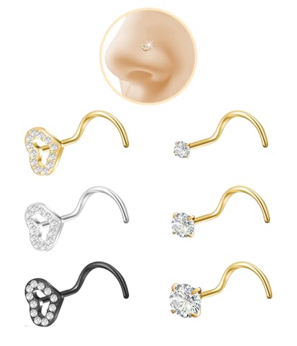davka 6Pcs 20G Heart Nose Studs Set for Women Men,Cubic Zirconia Hypoallergenic 316L Earrings Stainless Steel,L-Shape Gold Nose Studs,Body Piercing Jewelry,Safe for Sensitive Skin