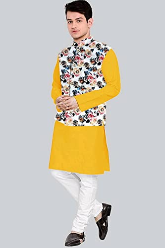 Image of Os Men's & boy kurta pyjama set with nerhu jackets (Multi printed) in cotton (baap beta|father son|)