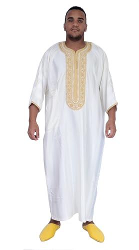 Treasures Of Morocco Moroccan Men Kaftan Handmade Thobe Long Gown White With Delicate Embroidery