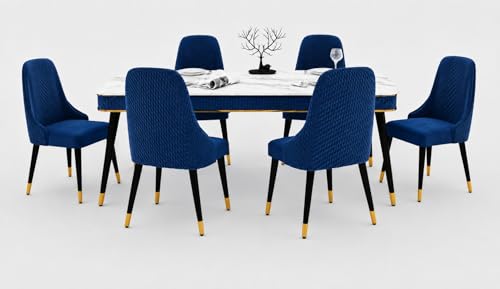 Image of WOODEN SPACE 6-Seater Wooden Dining Table Set | Nano Composite Marble Top | Solid Wood Base | Modern Dining Room Furniture with 6 Chairs (Navy Blue Modern Vento)