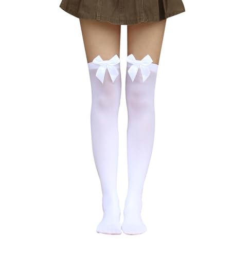 Bestjybt Womens Satin Bow Stockings Thigh High Over Knee Stockings (White)