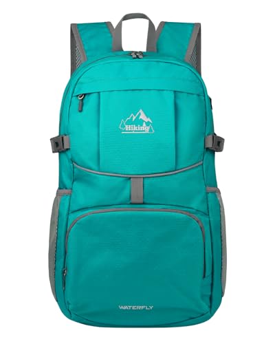 WATERFLY Mochila plegable de senderismo de 25 L, ultraligera, para mujer y hombre, pequeña mochila plegable compacta para deportes al aire libre, ciclismo, camping, viajes, color turquesa