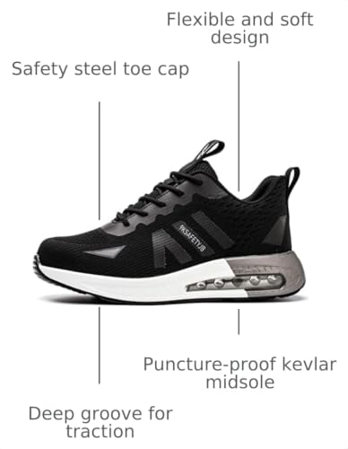 Image of XUNRUO Safety Work Shoes for Mens Womens,Steel Toe Lightweight Sneakers | Steel toe Athletic Footwear,all-day Comfort and Breathable . Ideal for Construction, warehouse,Carpenter and Industrial jobs.