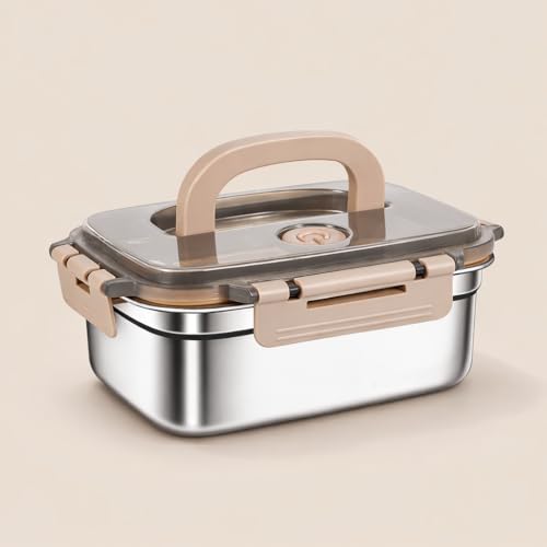 Image of 2200ML Stainless Steel Lunch Box with Silicone Seal & Air Vent | SUS316 Food Grade Steel | Leakproof 4-Side Lock | Microwave, Freezer & Dishwasher Safe | Portable Tiffin Box (Beige)