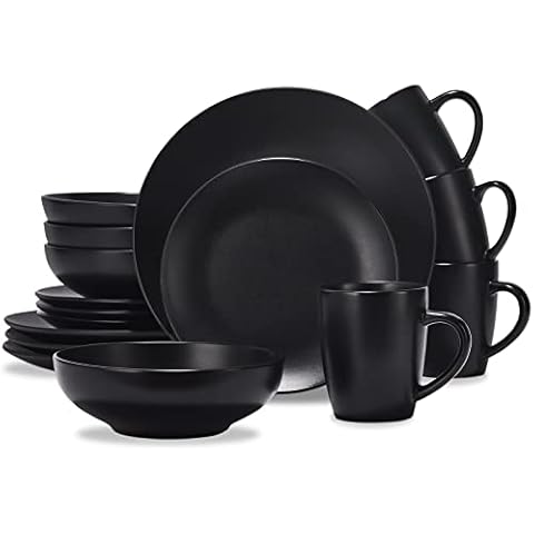 CREATIVELAND Round Stoneware Dinnerware Set Durable Kitchen and Dining,16 Piece Service For 4,Pasta Bowls,Large Salad Bowls,Porcelain Bowl,Wide and Shallow,Microwave and Dishwasher Safe, Matte Black. Cover