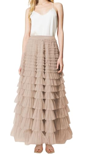 CHARTOU Women Layered Tiered Tulle Maxi Skirt Sheer Mesh A Line Skirt Flared Elastic Waist Long Cake Skirt Party4