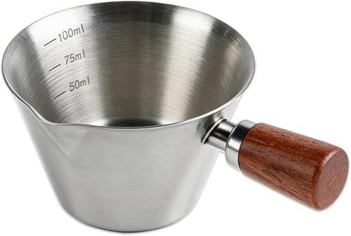 Vaso medidor espresso acero inoxidable 3.4 oz con mango de madera miniatura 1