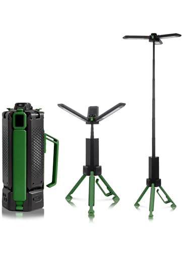 15000mAh Rechargeable Telescopic Camping Light, Portable Flashlight & Lantern with Reinforced Tripod Base, Height Adjustable Dimmable Tent Light, Power Bank for Outdoor BBQ, Hiking, Job Site, Green