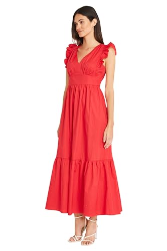 Image of Maggy London Women's V-Neck Ruffle Details Cotton Poplin Maxi Dress