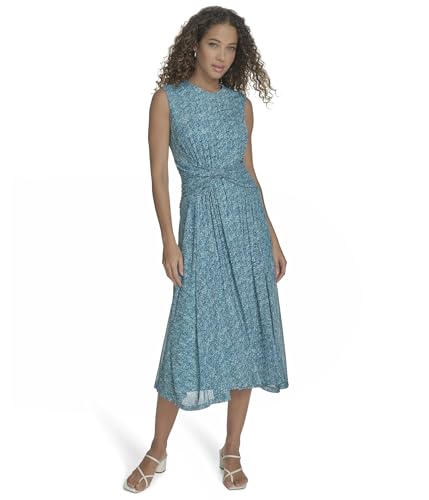 Image of Calvin Klein Women's Sleeveless High Neck Gathered A-line Midi Dress