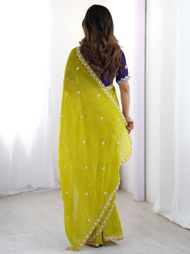 Image of Sidhidata Women's Crunchy Chiffon Embroidered Saree With Handwork Pearl Saree With Embroidered Unstitched Blouse Piece (Crunchy Mustard Mustard Free Size)
