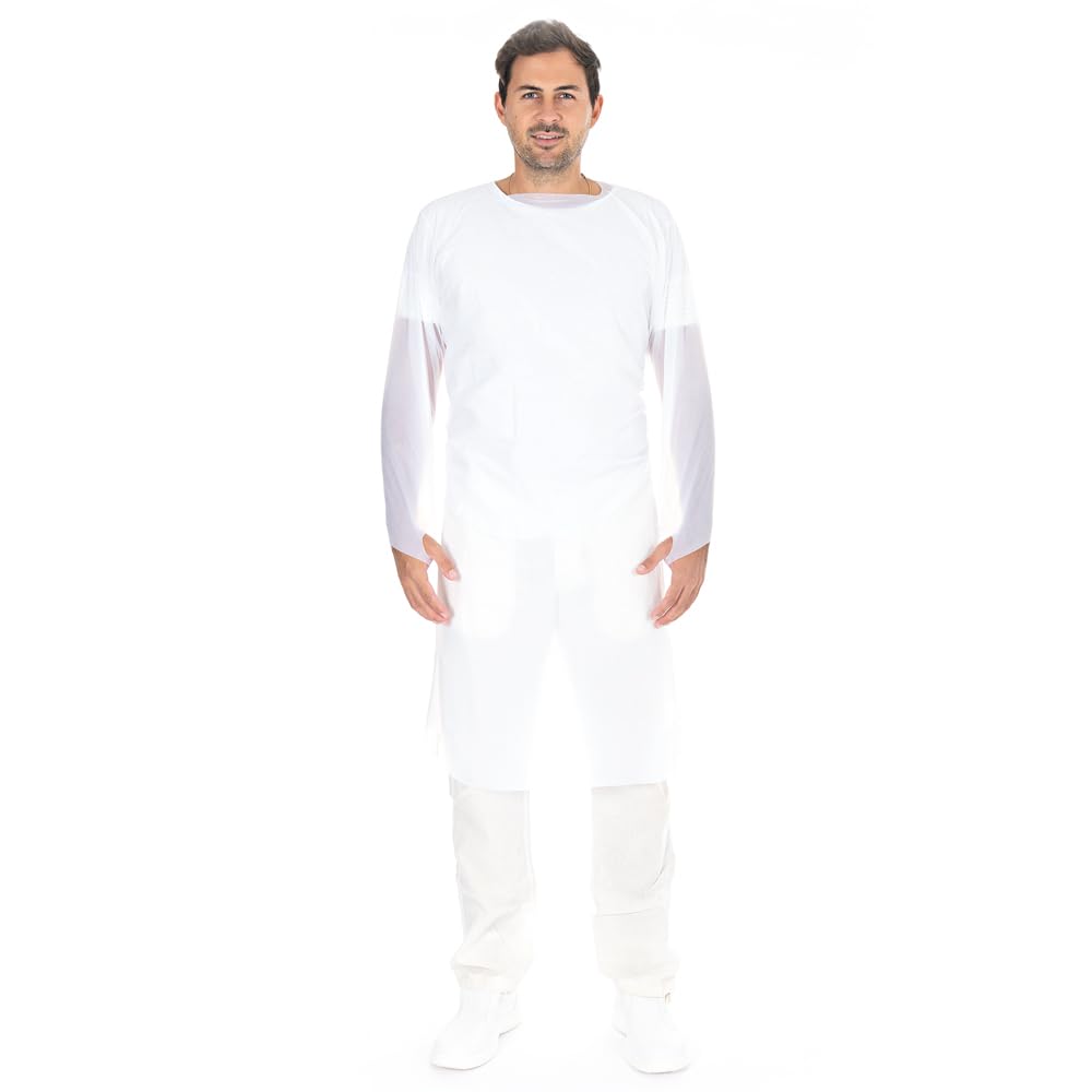FRANZ MENSCH 100 Stück Hygostar Hygiene-Kittel mit Daumenloch | CPE, weiß, XL, L: 115cm, B: 100cm, Karton, PP+PE-Schutzkittel Einweg, OP Kittel, Einweg Kittel, Schutzkittel wasserdicht, Einmalkittel