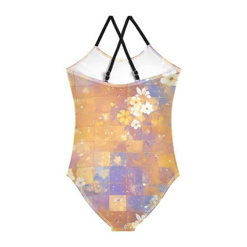KLL Retro Checker Board Groovy Flower Oil Painting Toddler Girl 1 Piece Swim Suit Summer Swimming Suits Adjustable2