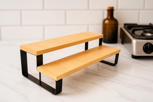 Image of 2-Tier Kitchen Shelf Rack - Expandable Countertop Organizer for Spice Jars, Jars, and Containers | Multipurpose Wooden & Metal Storage Rack for Kitchen, Bathroom, and Office (Beech+Black)