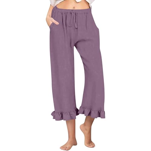Linen Capri Pants for Women Cute Summer Loose Ruffle Drawstring High Waisted Lounge Wide Leg Pants with Pockets Bottoms