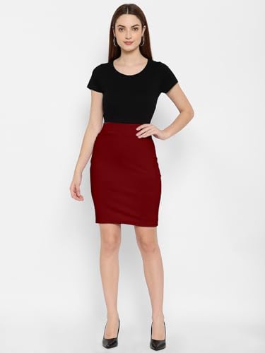 Image of Mehrang Formal Pencil Skirt, Women's Stretchable Pencil Midi Skirt, Cotton Blend Stretchable Knee Length Pencil Skirt with Elasticated Waist Belt