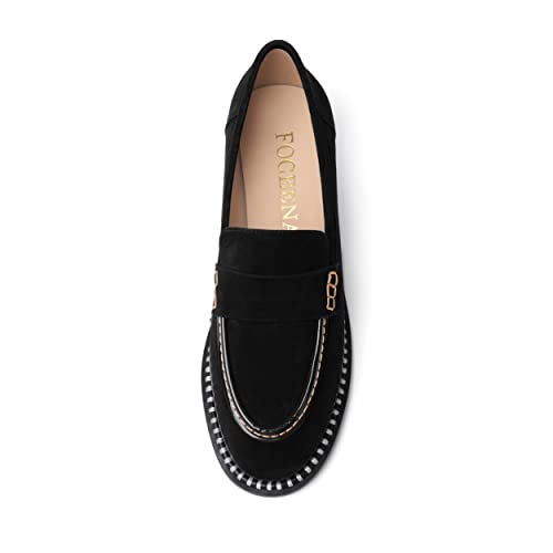 Image of FOGEENA Womens Penny Round Toe Casual Fashion Slip On Suede Leather Chunky Low Heel Loafers Dress Shoes 1 Inch