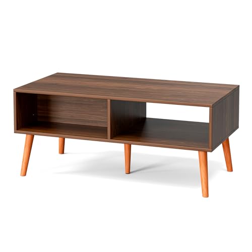 Image of ZttRiee Rattan Coffee Table with Drawer, Mid-Century, Walnut | 39.4 inchL x 19.7 inchW x 16.9 inchH, 220 lbs capacity, 1 rattan drawer & open compartments, solid wood legs, ~30 min assembly