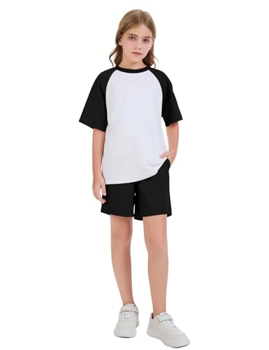 Flygo Boys Girls Short Pants Sets 2 Piece Raglan Crewneck Shirts Baseball Tee and Athletic Shorts Kids Active Summer Outfits(White-XS)