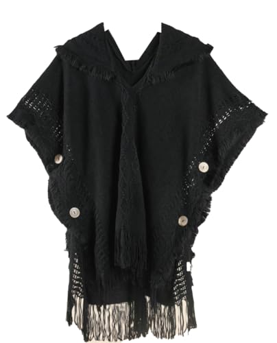 Women's Pullover Hooded Shawl Wraps Long Poncho Cape Fringed Cardigan Coat Warm Loose Knit Sweater Top