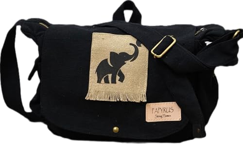 Image of Rough Canvas Cotton Messenger Sling Bag, (32x23x10cm, 7.5L) Medium Size. Patching with Elephant Design