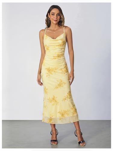 Image of SOLY HUX Women's Floral Mesh Bodycon Cami Dress Cowl Neck Sleeveless Cocktail Party Wedding Guest Long Maxi Dresses
