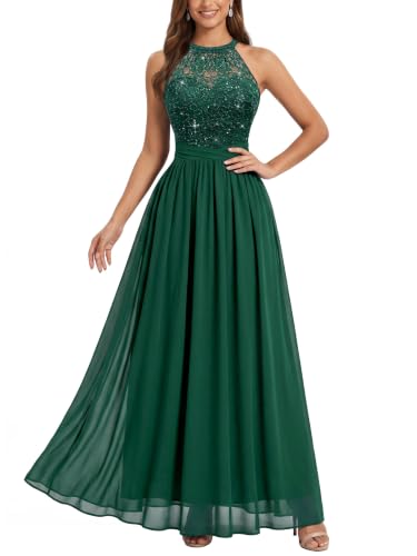 Miusol Women's Sequin Lace Sleeveless Halter Tie Formal Evening Maxi Dress (X-Large, Dark Green)