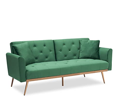 Verfur Convertible Futon Sofa Bed With Golden Metal Legs,Button Tufted Loveseat Sleeper Couch With Split Backrest For Home Living Room Bedroom Sofabed, 68.3", Green #TOP3