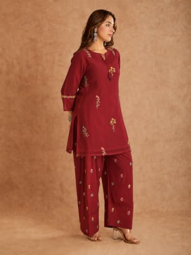 Image of ANNI Designer Farshi Salwar Suit for Women Viscose Embroidered | Co Ord Set for Woman | Straight Kurta Palazzo Outfit Round Neck V Slit 3 /4 Sleeve Ethnic Dress Womens Clothing