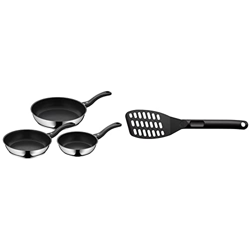 WMF Devil - Juego de 2 Sartenes con Revestimiento Antiadherentes 24-28 cm de Acero Inoxidable y Espátula de Plástico de 31cm con curvatura y cavidades Todo Tipo de Cocinas Incluido Inducción, sin PFOA