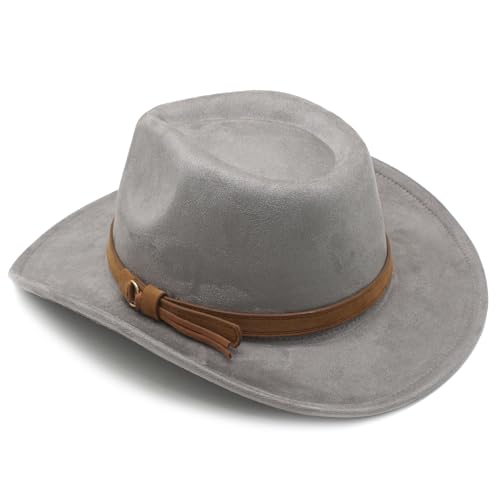 Image of Unisex Western Suede Cowboy Cowgirl Hat Classic Wide Brim Fedora Hat for Men &Women
