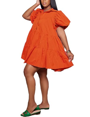 Image of WOKANSE Women's Cute Babydoll Dresses Casual Loose Puff Sleeves Ruffle Hem Button Down Pleated Shirt Dress