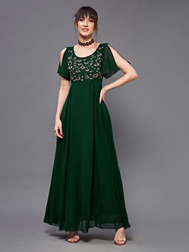 Image of Miss Chase Women's Round Neck Sleeve Embellished Fit Flare Maxi Dress