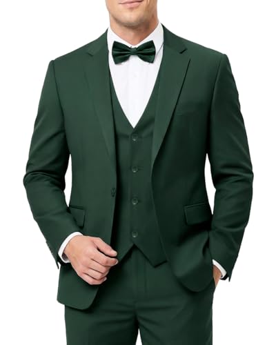 Men's 3-Piece Slim Fit Suit with Bow Tie, Single Button Blazer Vest Pants Set for Wedding Business, Formal Suit for Men Dark Green